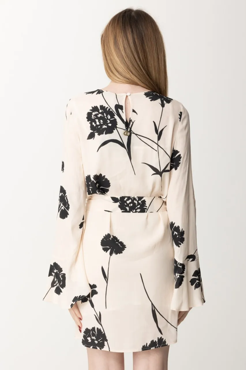 Abito in crepe con stampa fiori e fusciacca ST GAROFANO NERO/NEVE