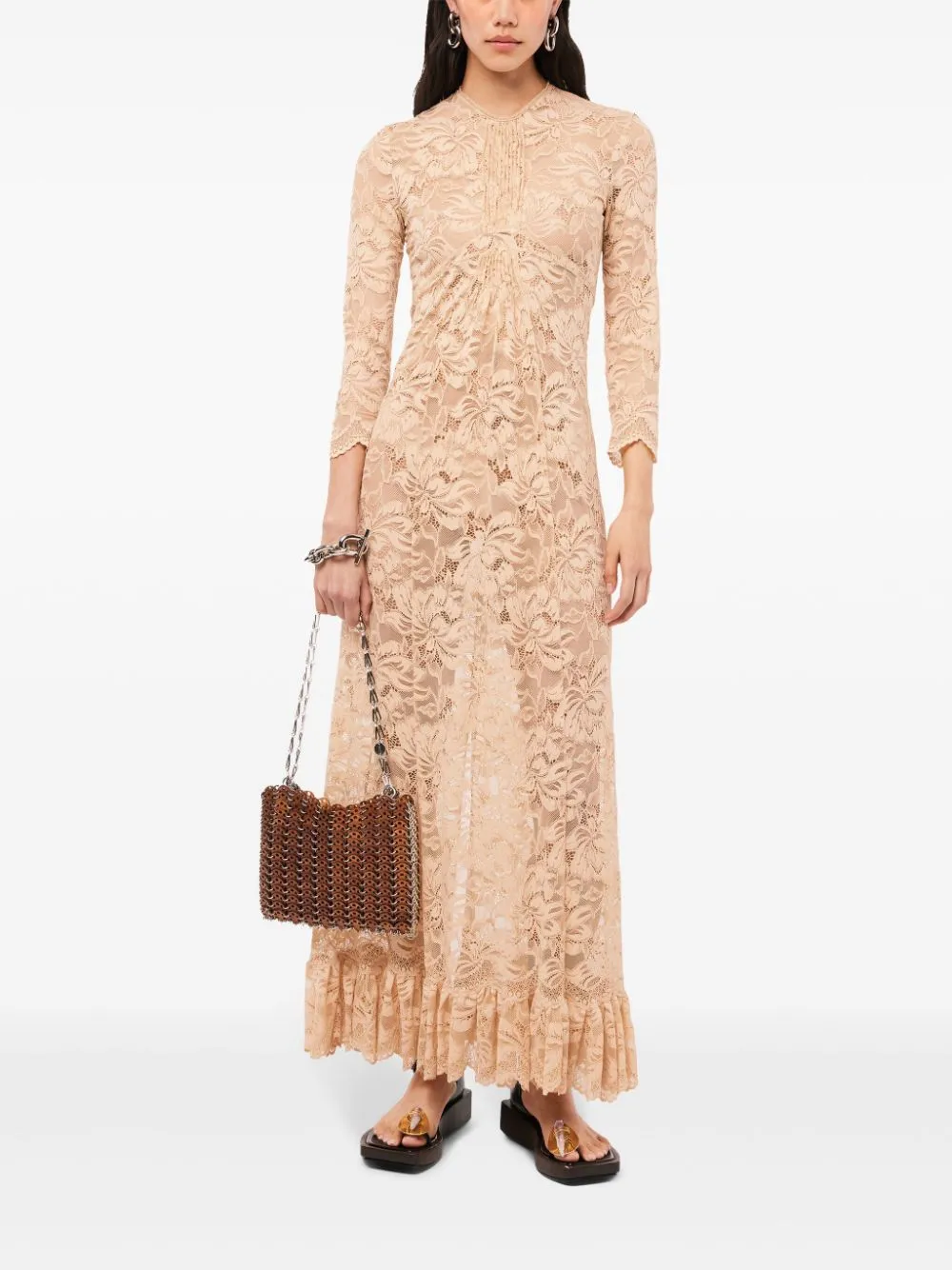 Abito lungo in pizzo in beige - donna