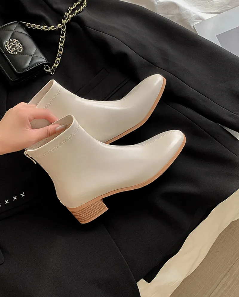 Autumn And Winter  Style Simple Sheepskin Slim Boots Round Toe Commuting Thick Heel Ankle Boots Short Medium Heel Single