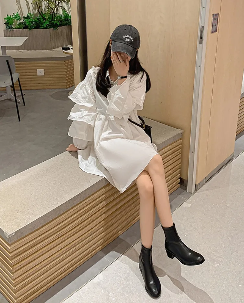 Autumn And Winter  Style Simple Sheepskin Slim Boots Round Toe Commuting Thick Heel Ankle Boots Short Medium Heel Single