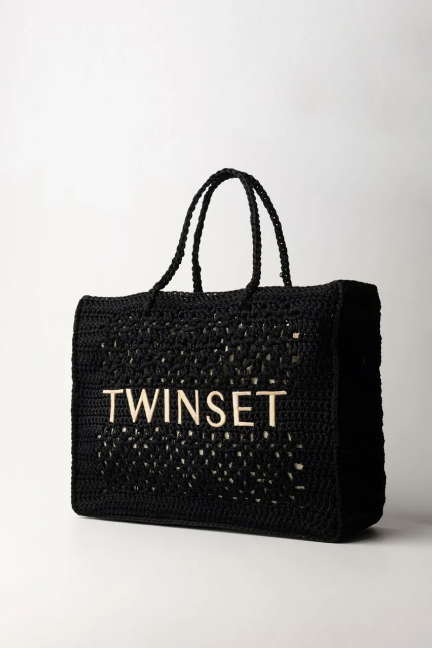 Borsa crochet con logo a contrasto Nero