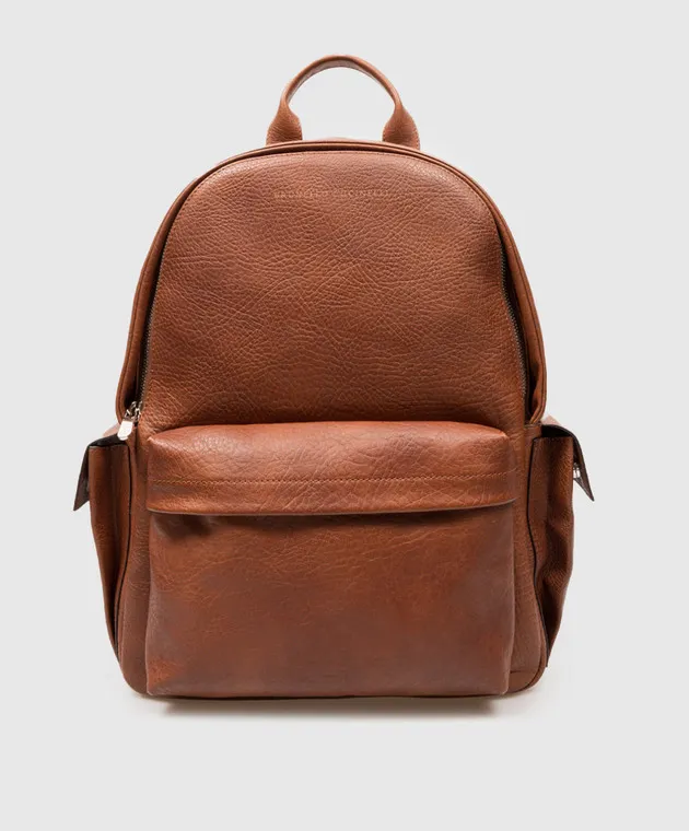 Brunello Cucinelli Zaino in pelle marrone con logo MBZIU243
