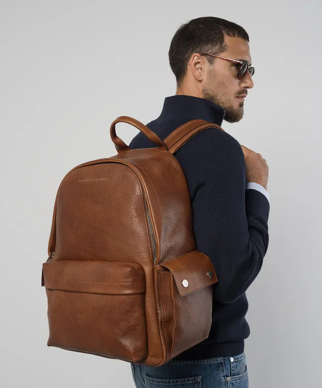 Brunello Cucinelli Zaino in pelle marrone con logo MBZIU243