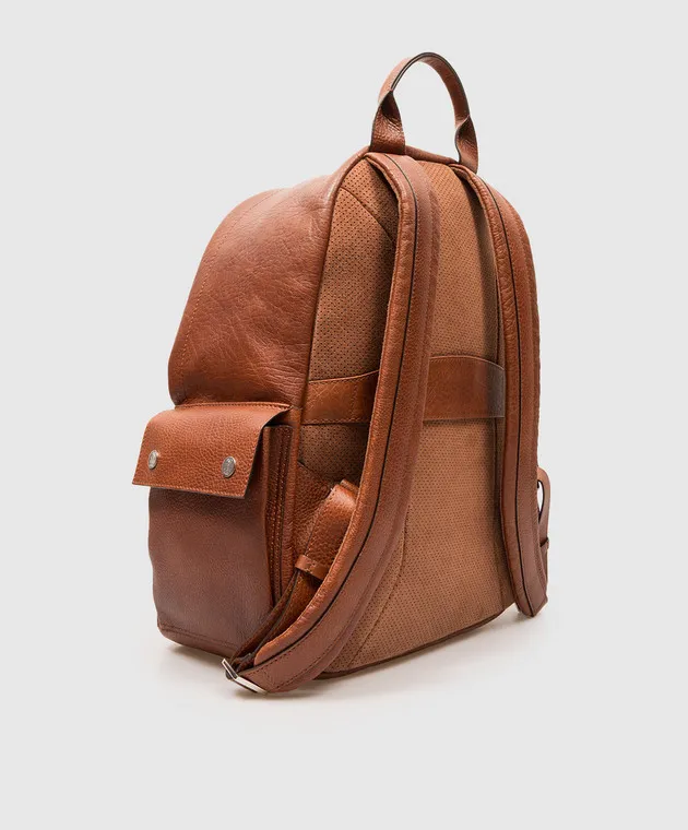 Brunello Cucinelli Zaino in pelle marrone con logo MBZIU243