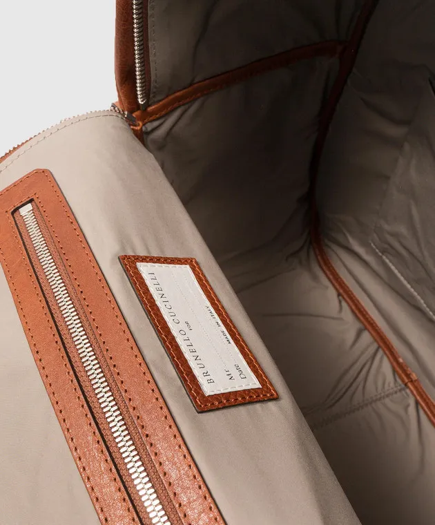 Brunello Cucinelli Zaino in pelle marrone con logo MBZIU243