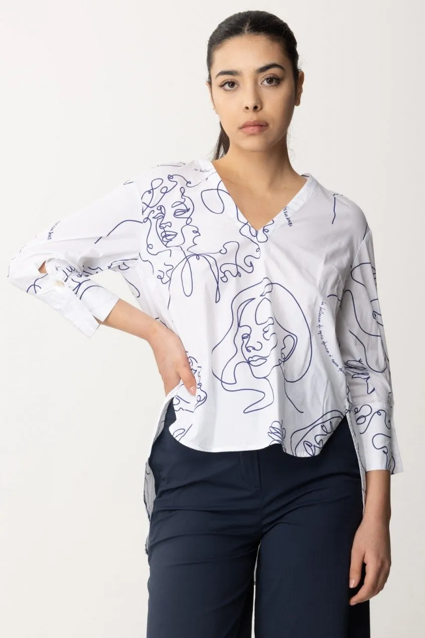 Camicia con fantasia disegni BIANCO NEVE- BLU MAR