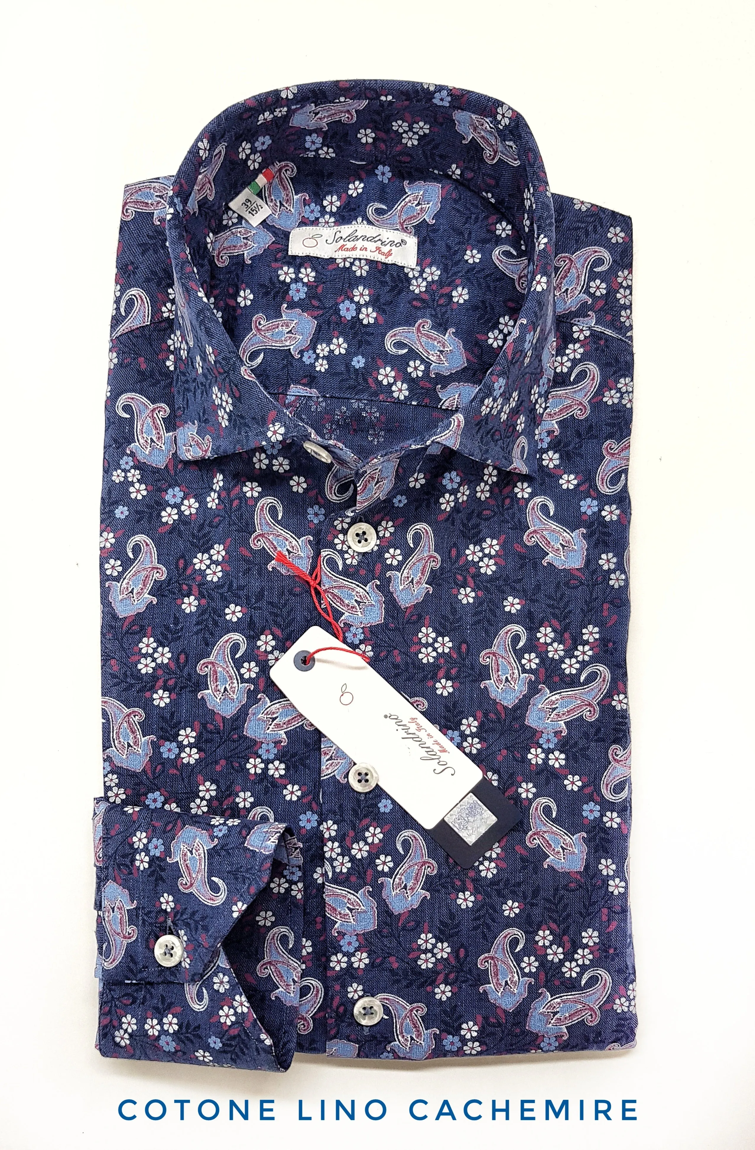 Camicia cotone lino fantasia cachemire blu made in italy