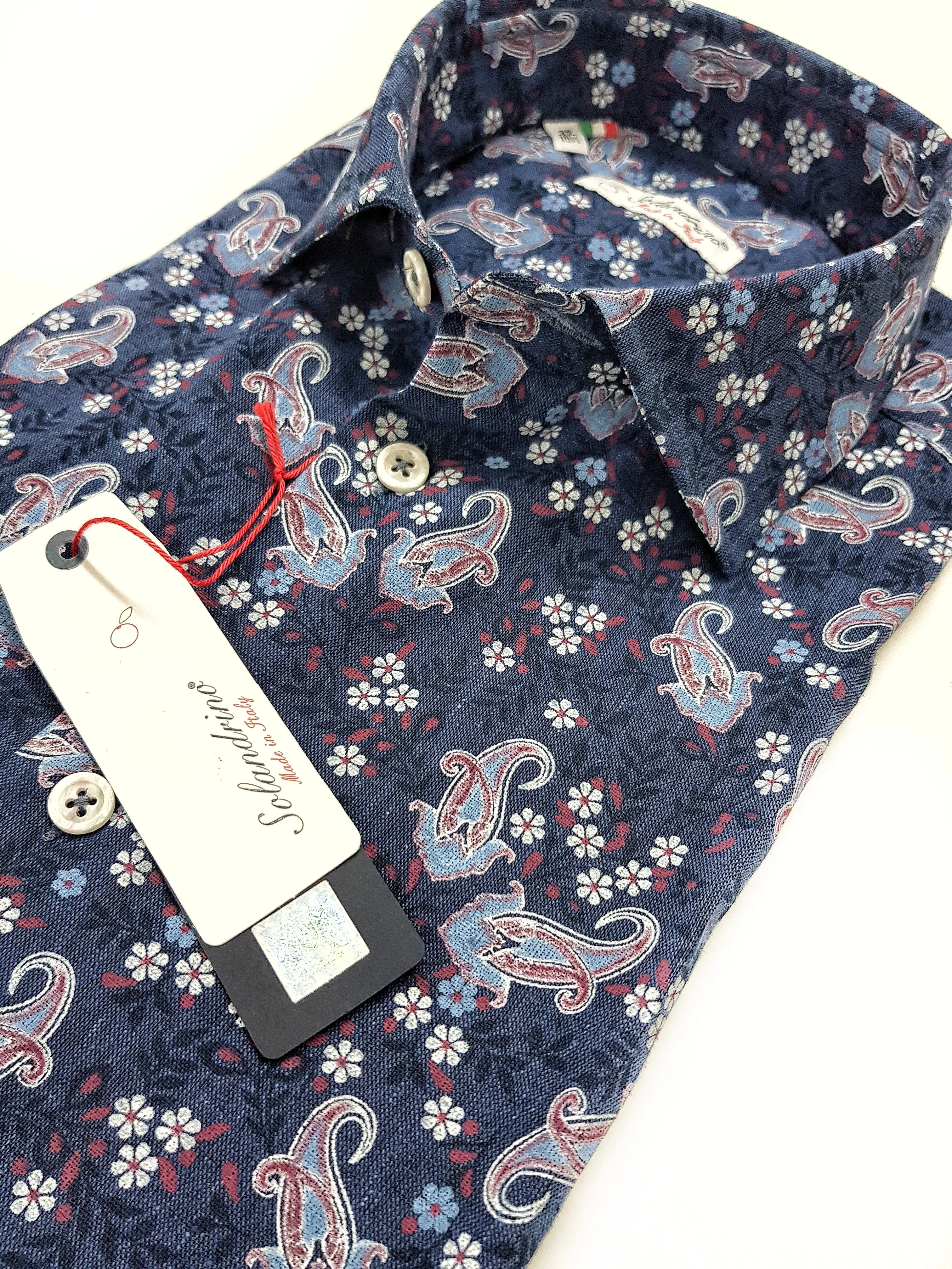 Camicia cotone lino fantasia cachemire blu made in italy