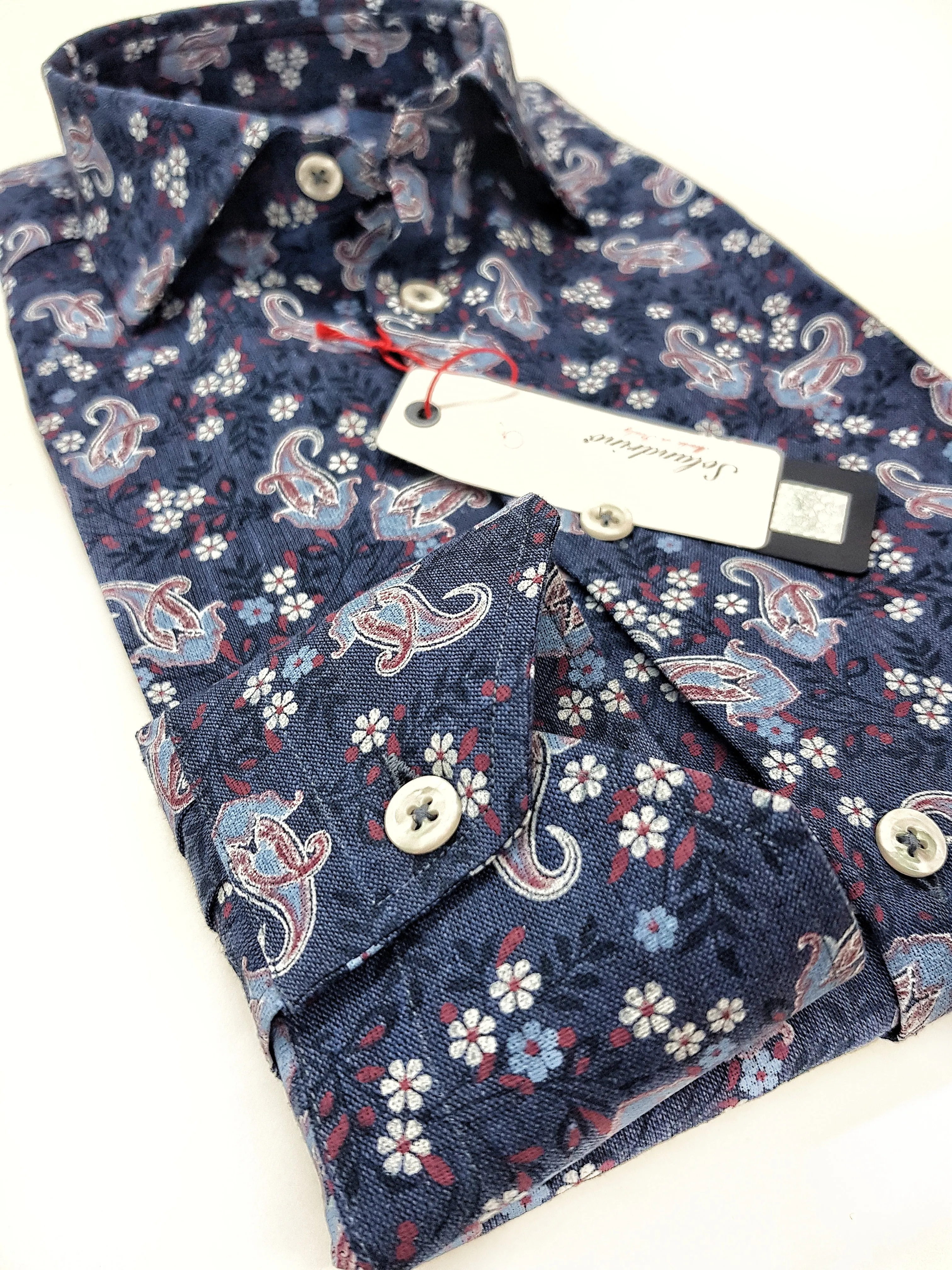 Camicia cotone lino fantasia cachemire blu made in italy