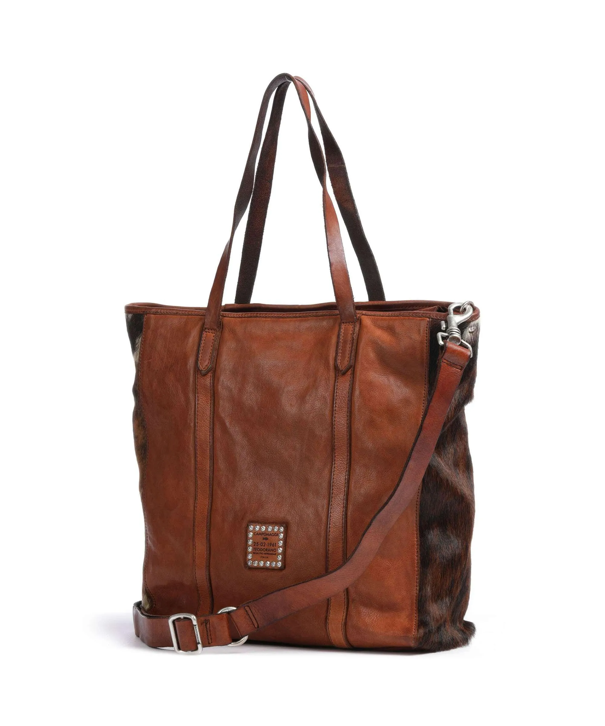 Campomaggi Borsa shopper pelliccia, pelle di vacchetta grana cognac  