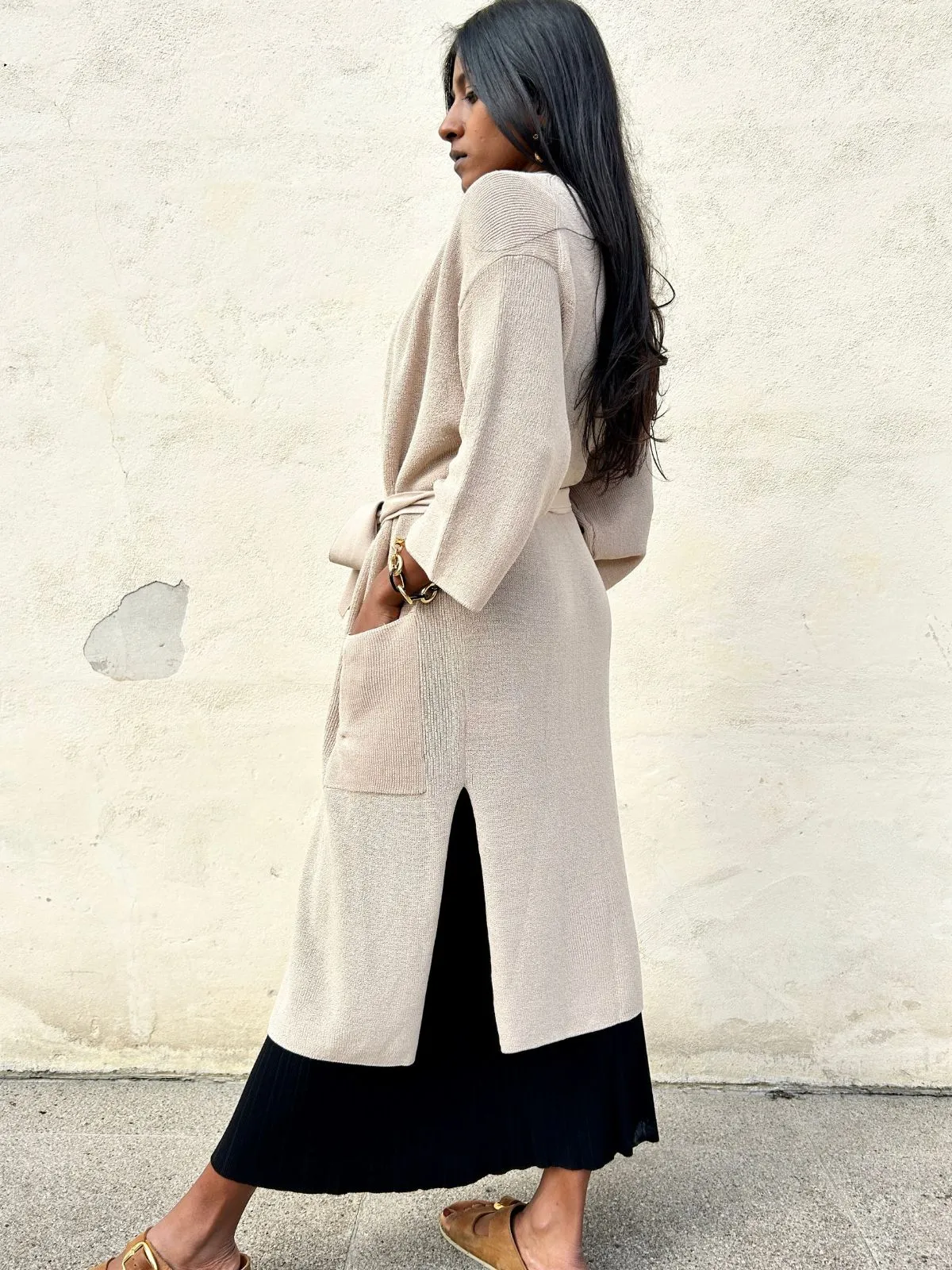Cardigan lungo con tasche misto lino