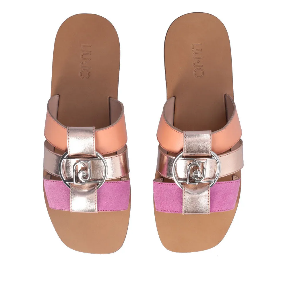 Ciabatte Flat LIU JO Saba 08 in Pelle e Suede con Inserti Metallizzati Cipria Salmon e Pink