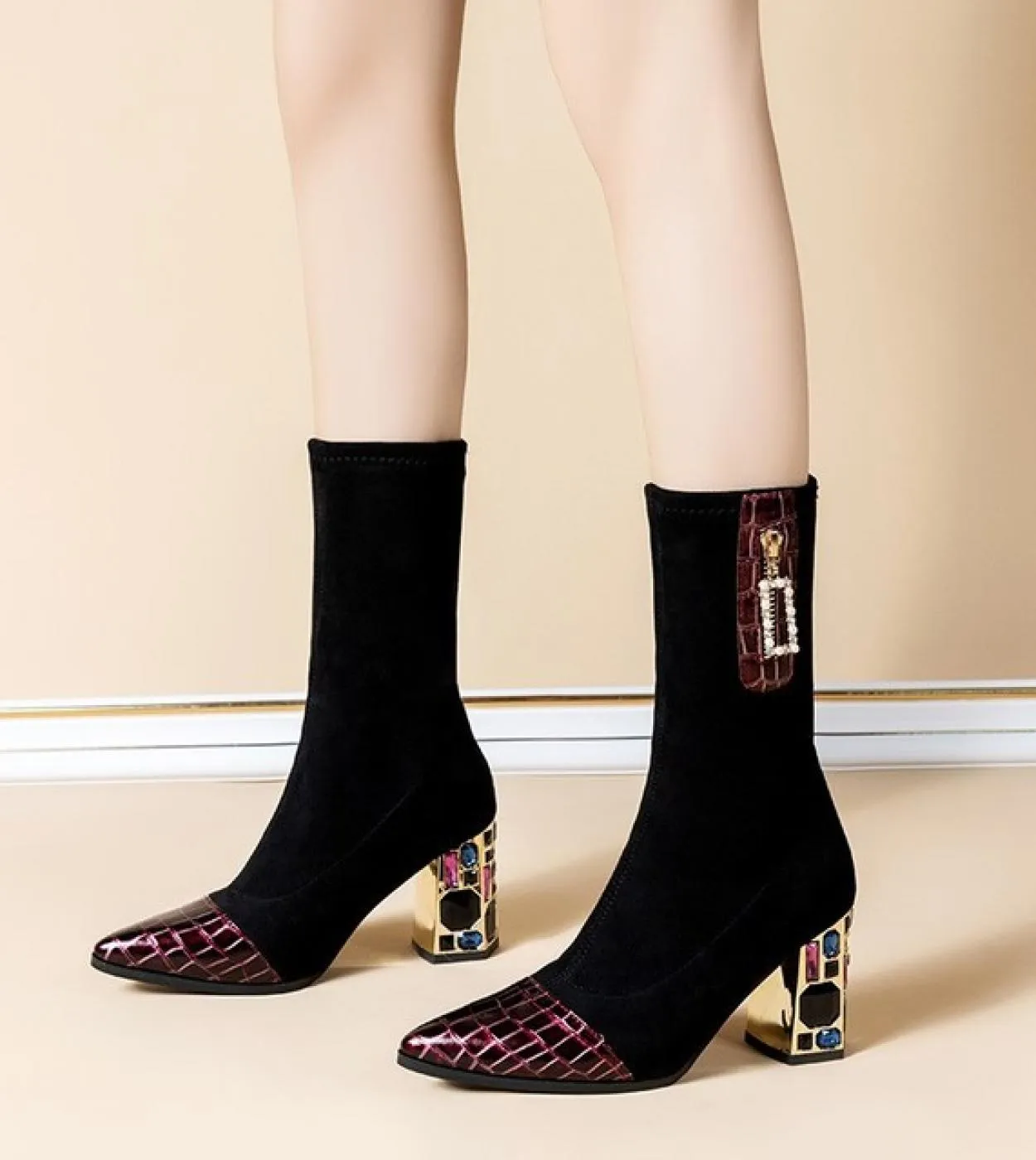 Comemore New Thick Heel Inlaid Drill Stretch Ankle Boots Female Autumn Winter Pointed Womens Tight Boot Fashion High He