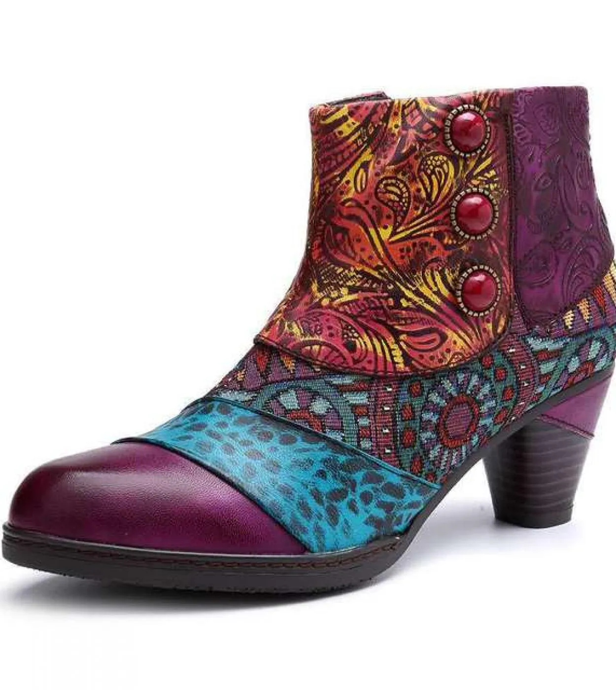 Comemore Retro Womens Autumn Ankle Boots Pattern Pu Leather Gorgeous High Heeled Medium Heel Zipper Women Boot Elegant
