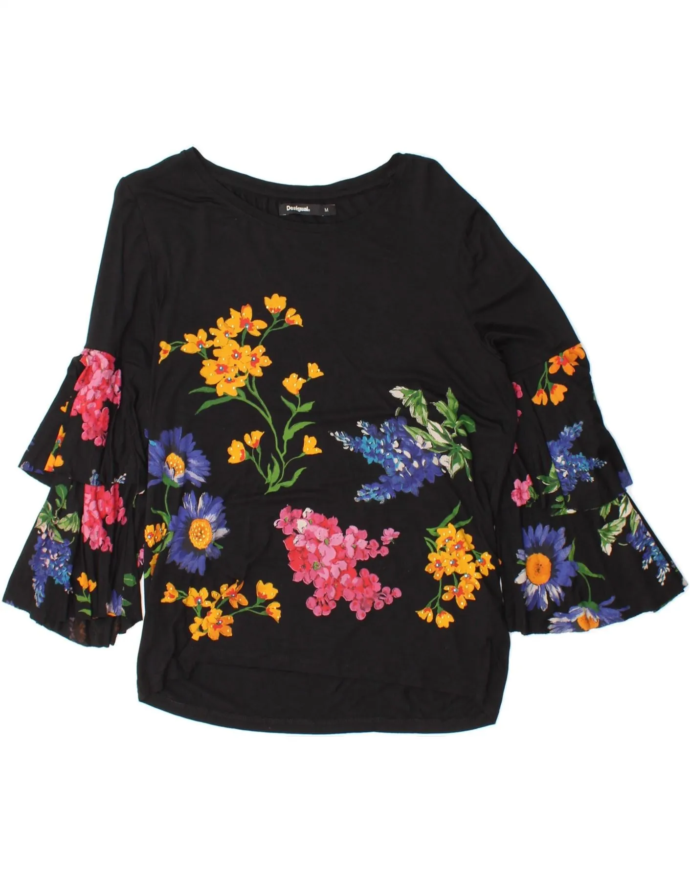 DESIGUAL Womens Graphic 3/4 Sleeve Blouse Top UK 14 Medium Black Floral
