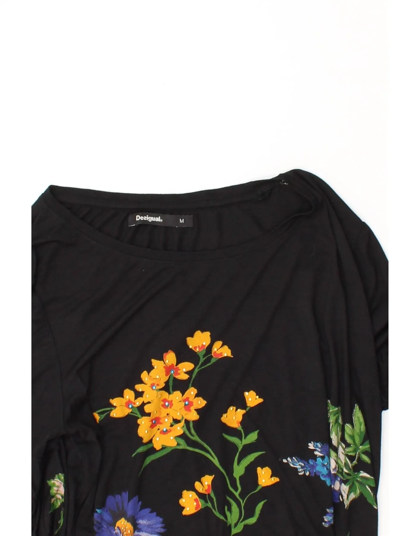 DESIGUAL Womens Graphic 3/4 Sleeve Blouse Top UK 14 Medium Black Floral