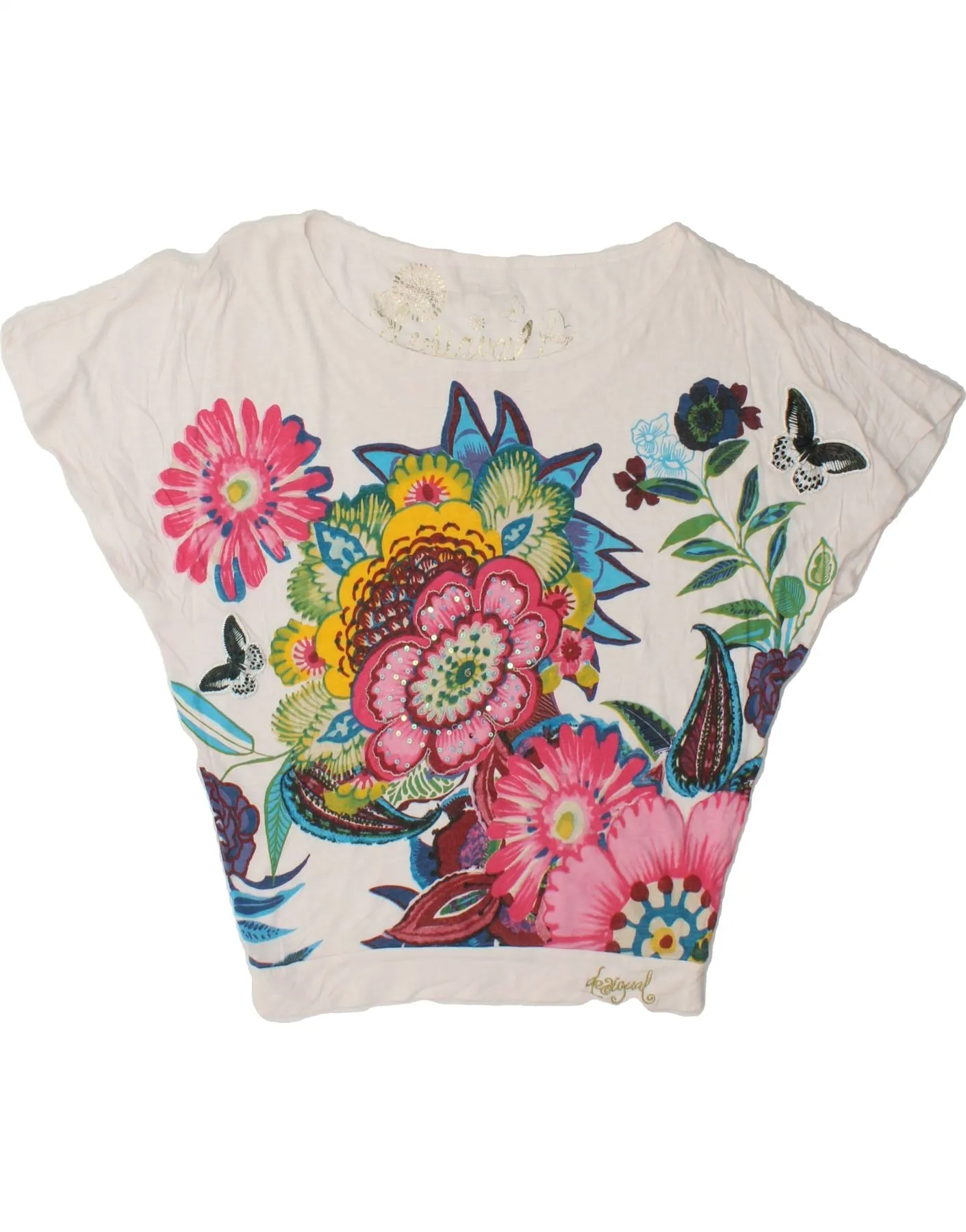 DESIGUAL Womens Graphic Batwing Blouse Top UK 10 Small White Floral Cotton
