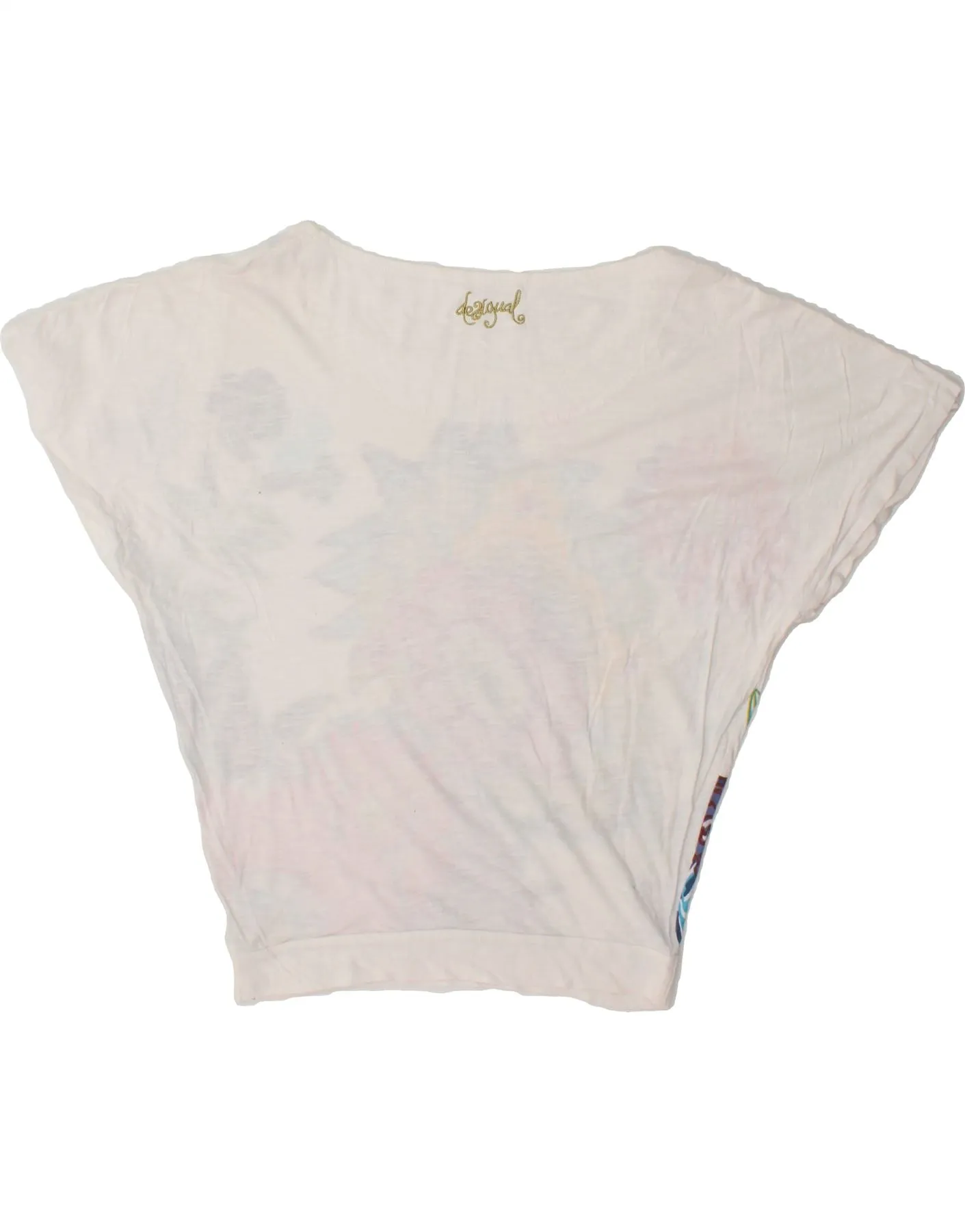 DESIGUAL Womens Graphic Batwing Blouse Top UK 10 Small White Floral Cotton