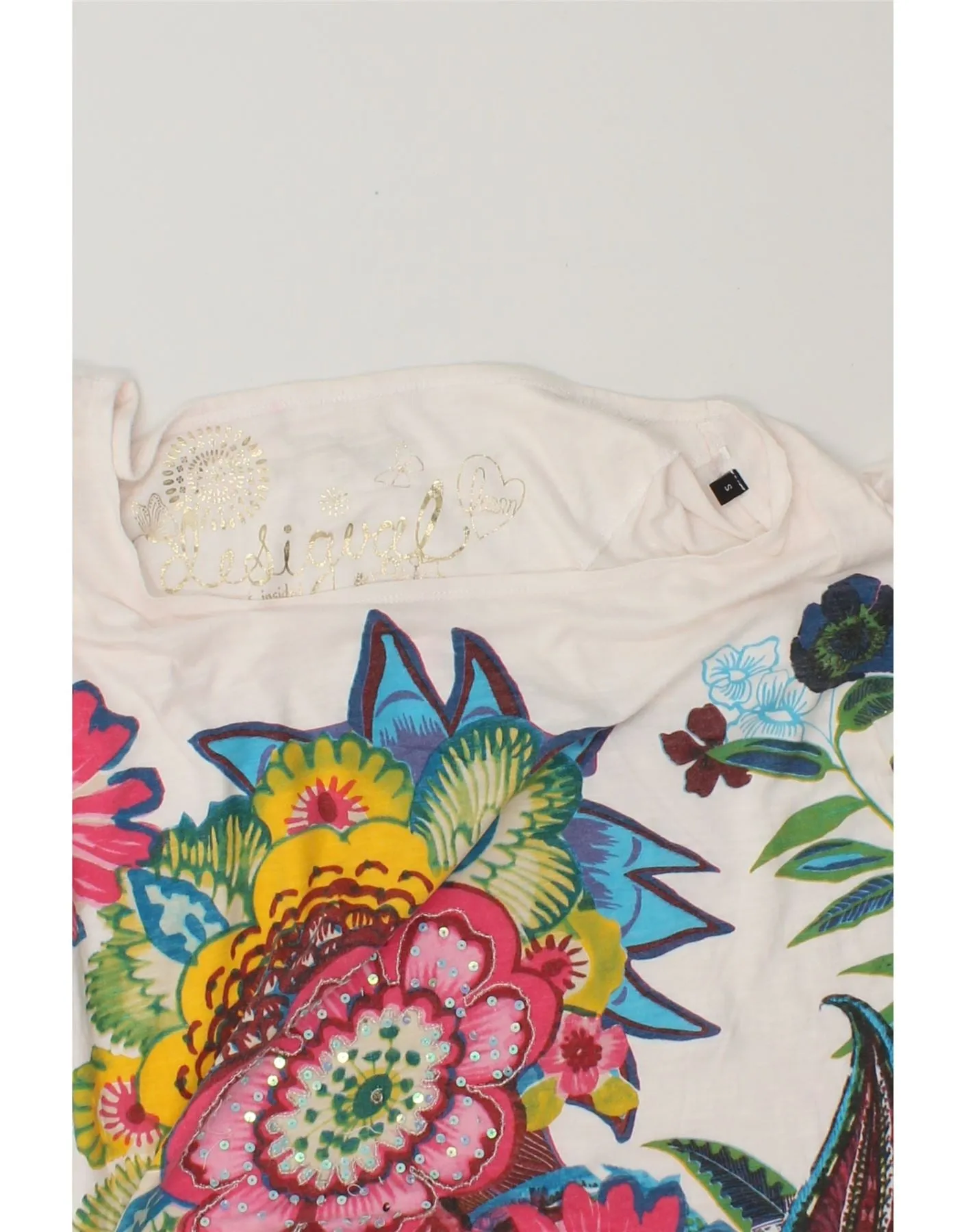 DESIGUAL Womens Graphic Batwing Blouse Top UK 10 Small White Floral Cotton
