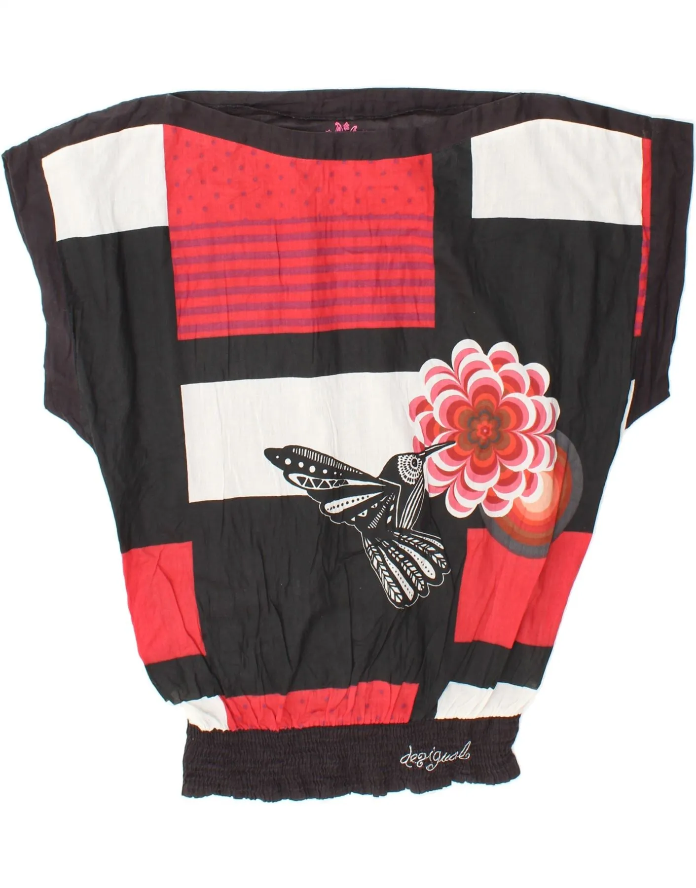 DESIGUAL Womens Graphic Batwing Blouse Top UK 18 XL Black Floral Cotton
