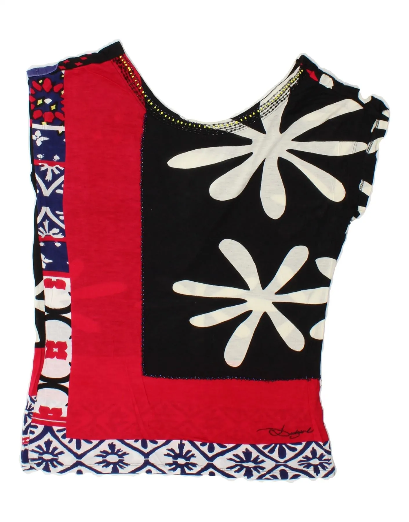 DESIGUAL Womens Graphic Blouse Top UK 10 Small Black Colourblock Cotton