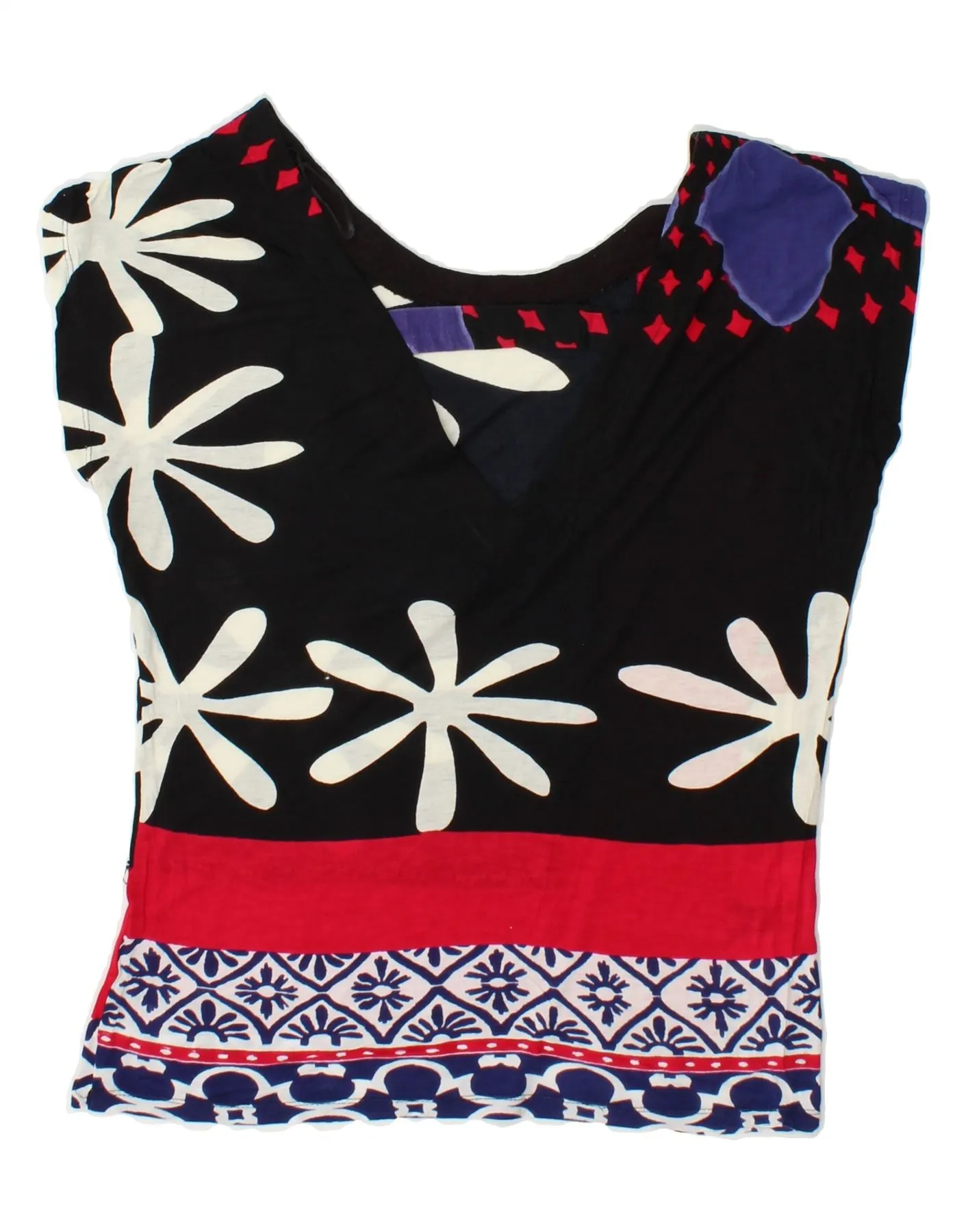DESIGUAL Womens Graphic Blouse Top UK 10 Small Black Colourblock Cotton