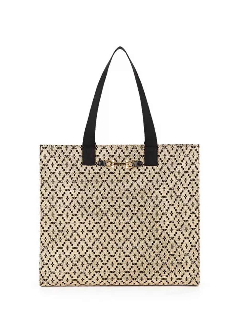 Elisabetta Franchi     Borsa Shopper grande in rafia con tessuto jacquard Bamboo/Nero