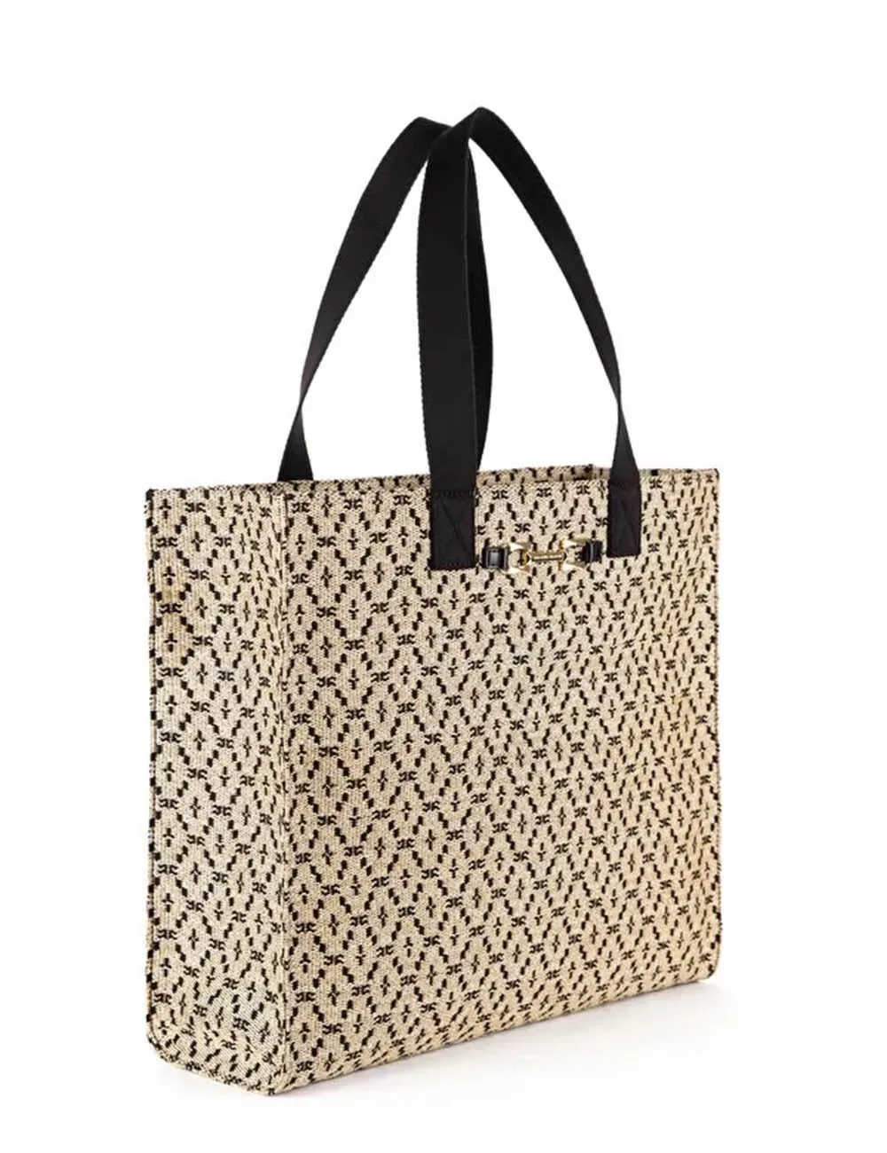 Elisabetta Franchi     Borsa Shopper grande in rafia con tessuto jacquard Bamboo/Nero