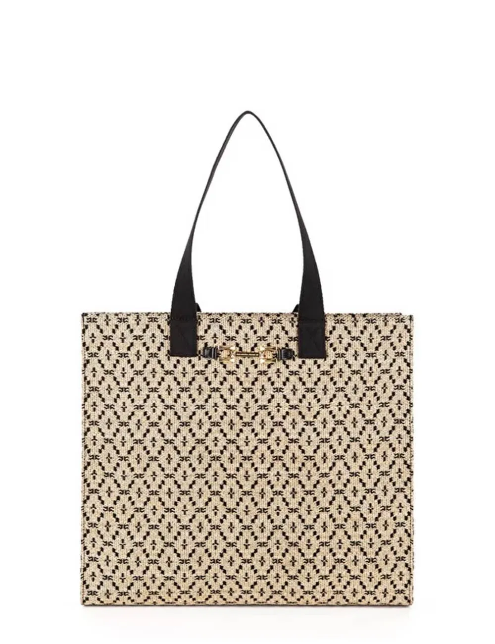 Elisabetta Franchi     Borsa Shopper grande in rafia con tessuto jacquard Bamboo/Nero