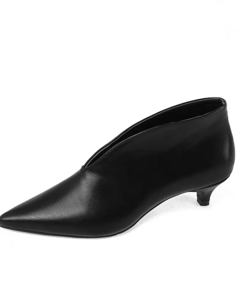 French Retro Cowhide Mid-heeled Ankle Boots With Temperament V-mouth Witch Shoes Pointed Toe Cat-heel Nude Boots Small H