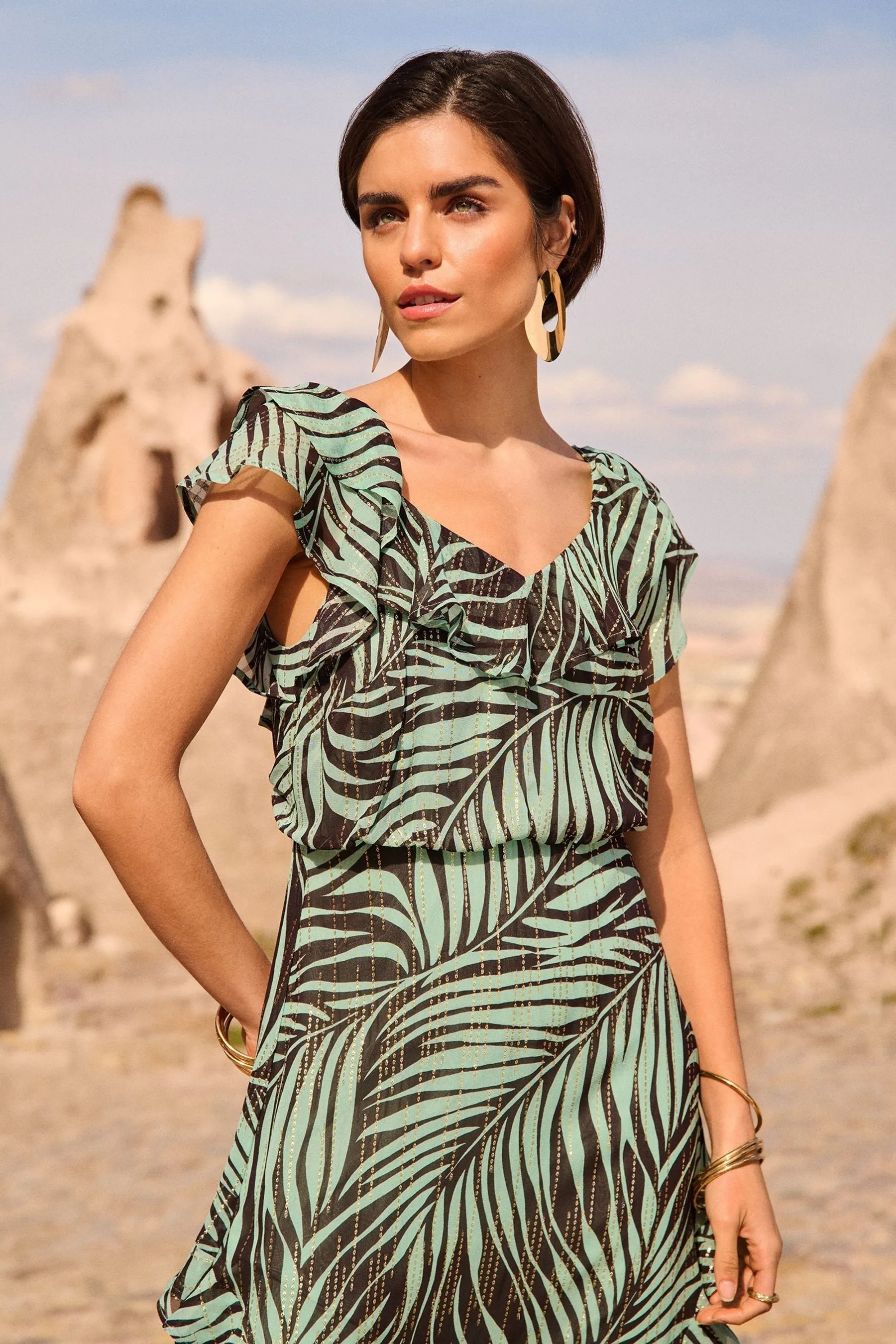 Love & Roses - Abito maxi Dettagli metallizzati Ruches stampato con Dettagli metallizzati Ruches e allacciatura sul retro