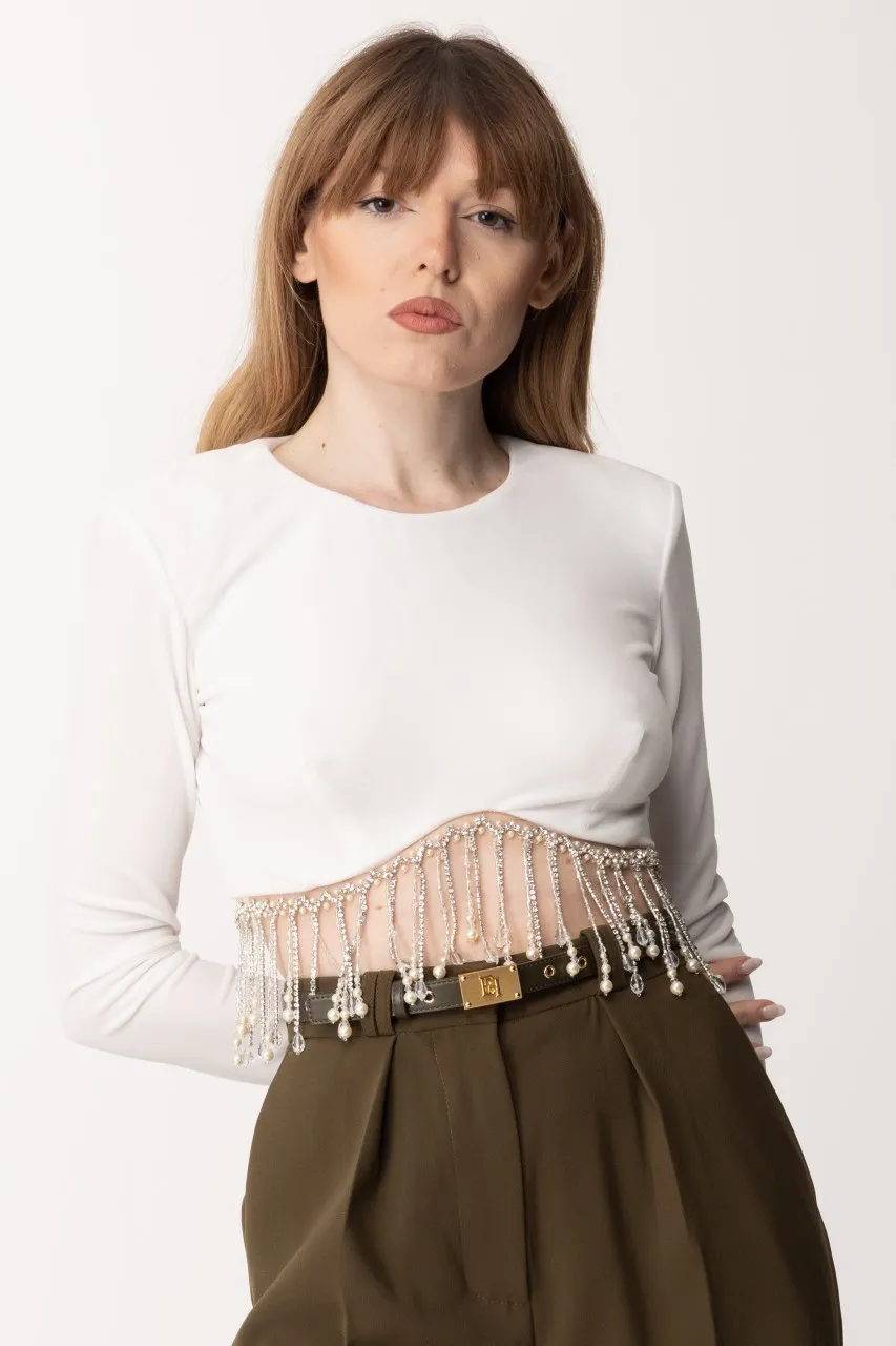 Maglia crop in velluto con perline Avorio