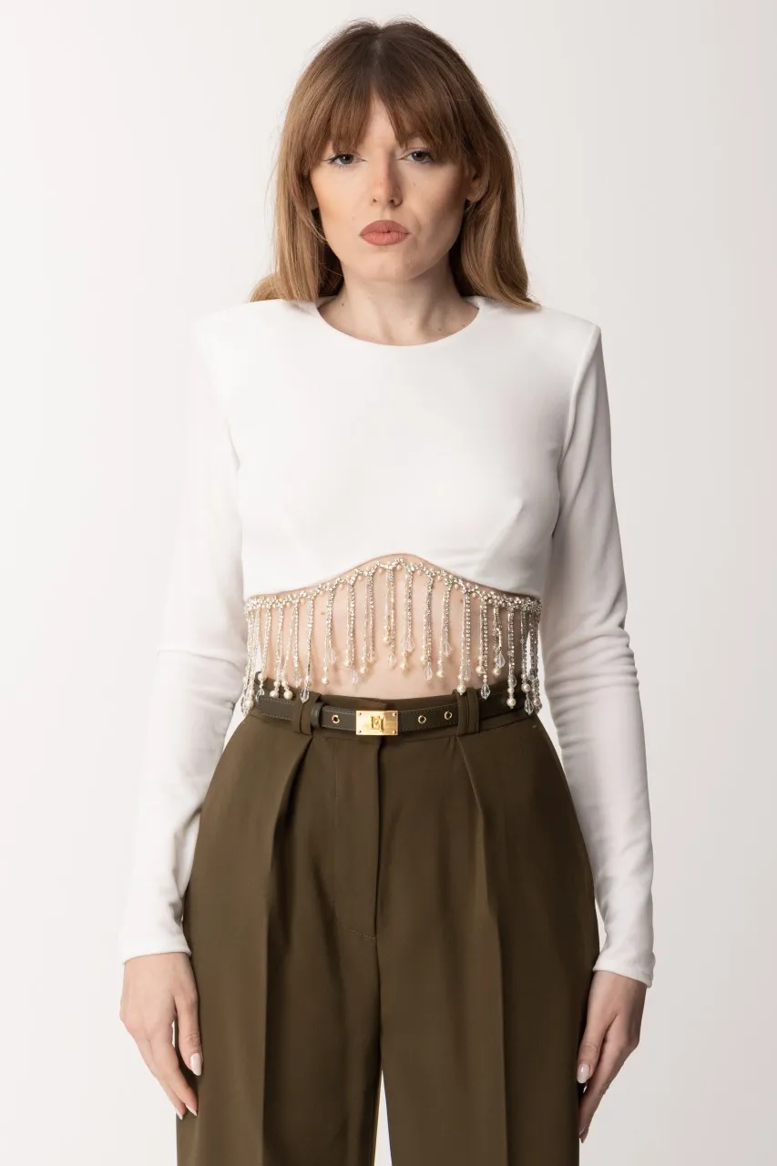 Maglia crop in velluto con perline Avorio