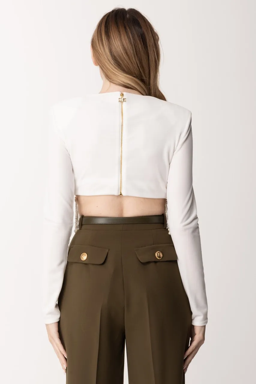 Maglia crop in velluto con perline Avorio