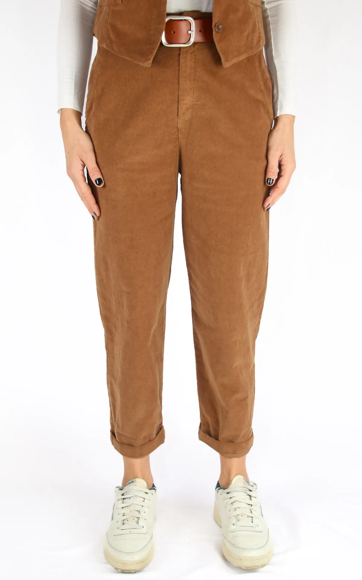 Off-On – boyfriend velluto millerighe – camel