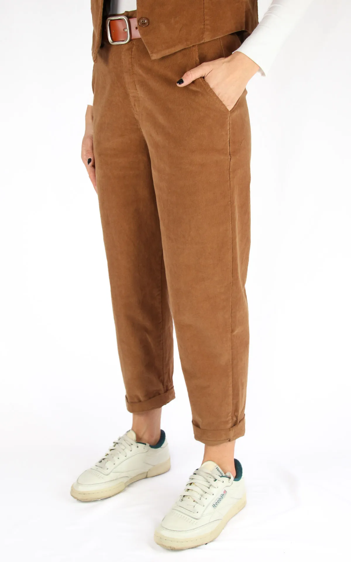 Off-On – boyfriend velluto millerighe – camel