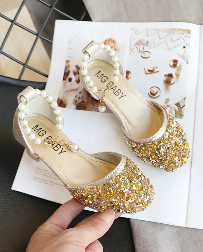 Scarpe in pelle per bambini Scarpe da principessa col tacco alto per ragazze Paillettes di perle Scarpe da esibizione Scarpe cas