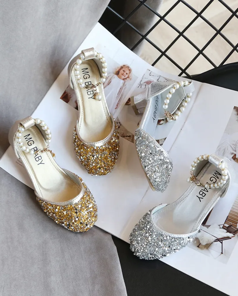 Scarpe in pelle per bambini Scarpe da principessa col tacco alto per ragazze Paillettes di perle Scarpe da esibizione Scarpe cas