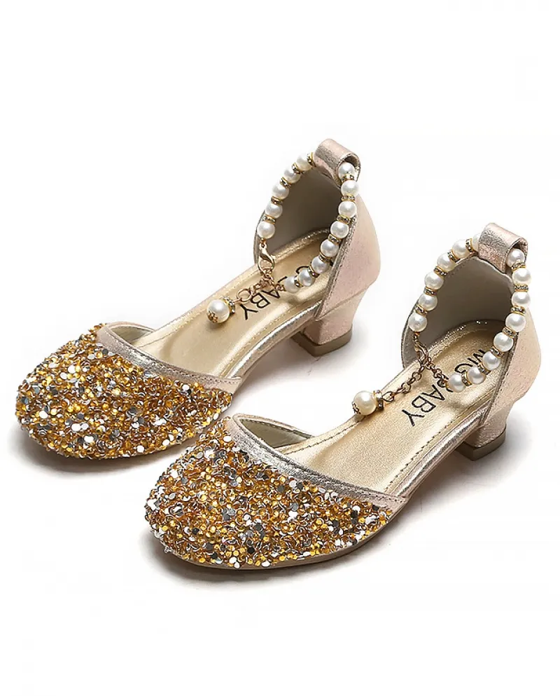 Scarpe in pelle per bambini Scarpe da principessa col tacco alto per ragazze Paillettes di perle Scarpe da esibizione Scarpe cas