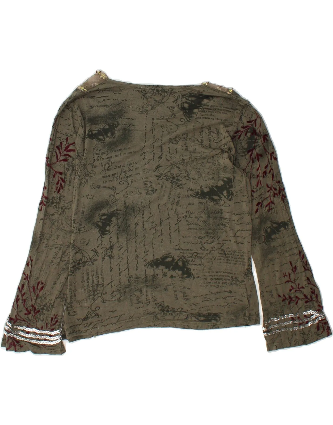 VINTAGE Womens Crop Graphic Blouse Top UK 12 Medium Khaki Viscose