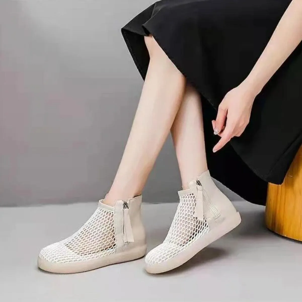 Women Shoes 2024 Fashion New Mesh Breathable Leather Boots Summer With Zip Ankle Boots Zapatos Mujer Elegantes Con Tacon