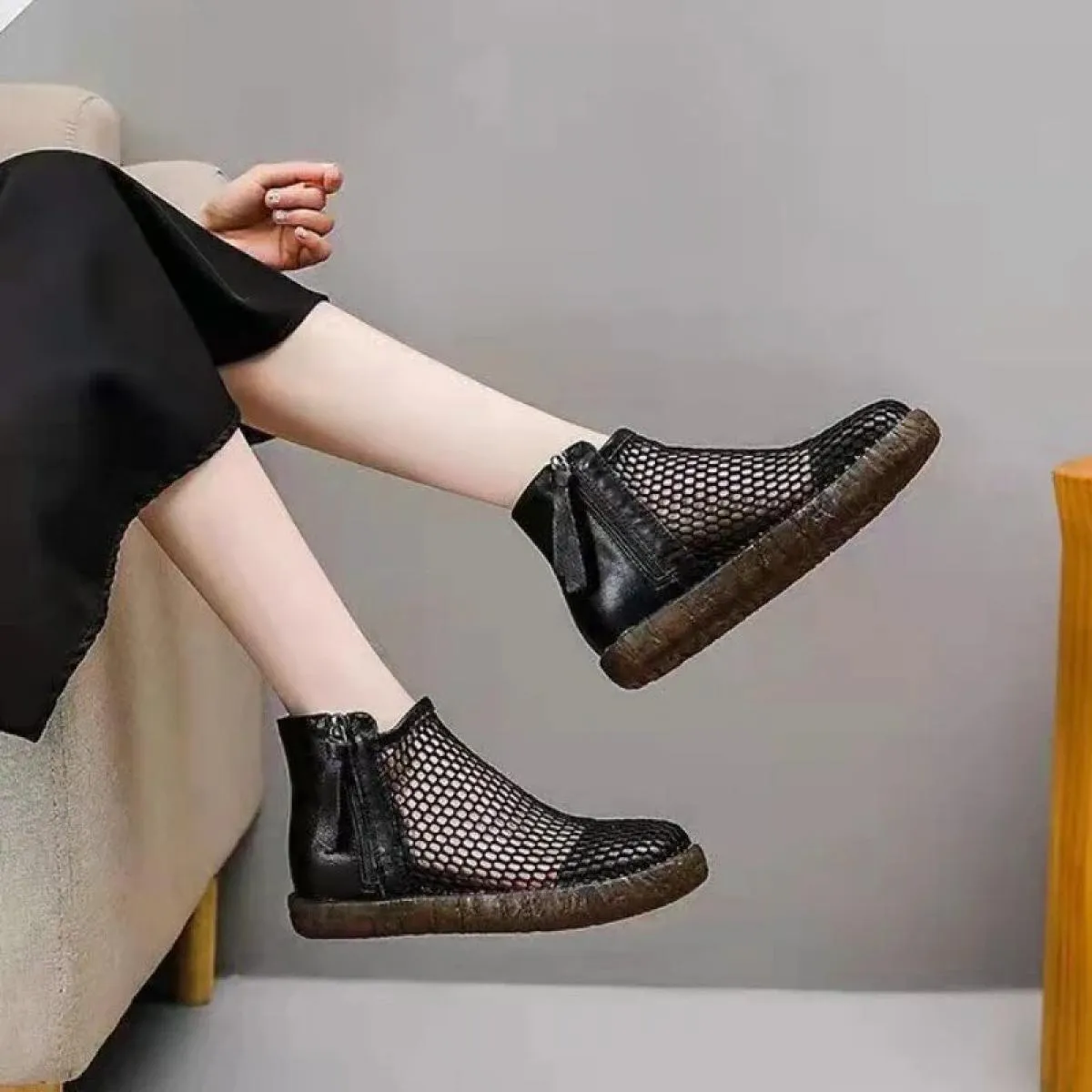 Women Shoes 2024 Fashion New Mesh Breathable Leather Boots Summer With Zip Ankle Boots Zapatos Mujer Elegantes Con Tacon