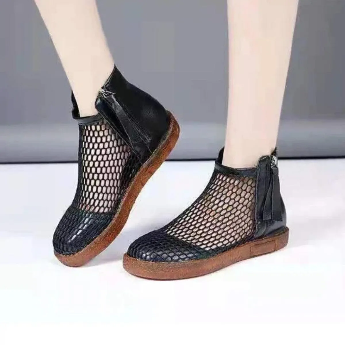 Women Shoes 2024 Fashion New Mesh Breathable Leather Boots Summer With Zip Ankle Boots Zapatos Mujer Elegantes Con Tacon