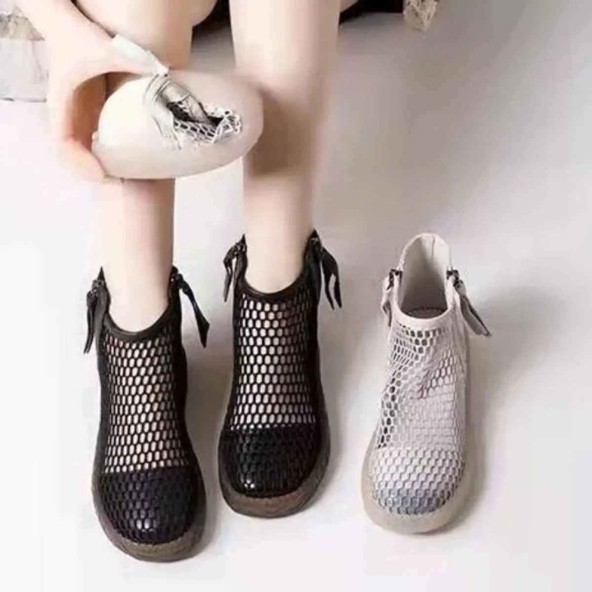 Women Shoes 2024 Fashion New Mesh Breathable Leather Boots Summer With Zip Ankle Boots Zapatos Mujer Elegantes Con Tacon