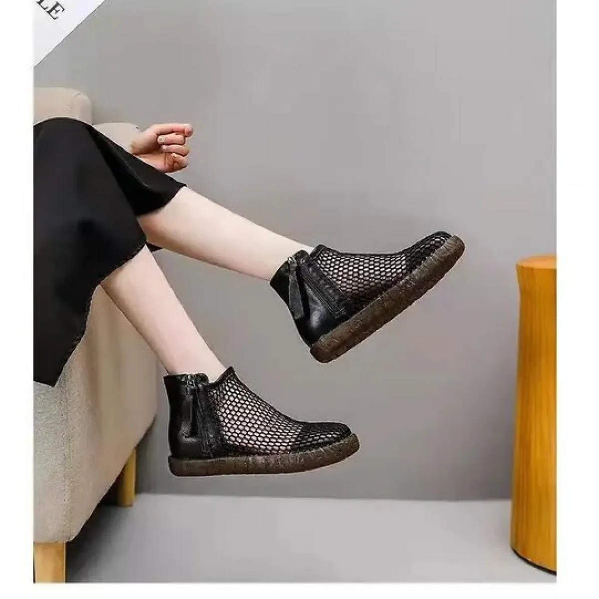 Women Shoes 2024 Fashion New Mesh Breathable Leather Boots Summer With Zip Ankle Boots Zapatos Mujer Elegantes Con Tacon